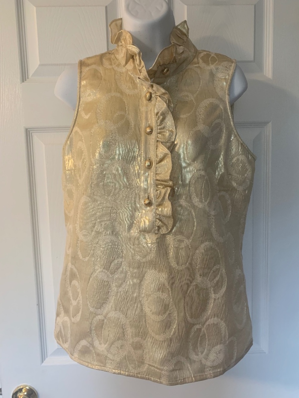 Boo Gemes Metallic Gold Brocade Ruffle Blouse